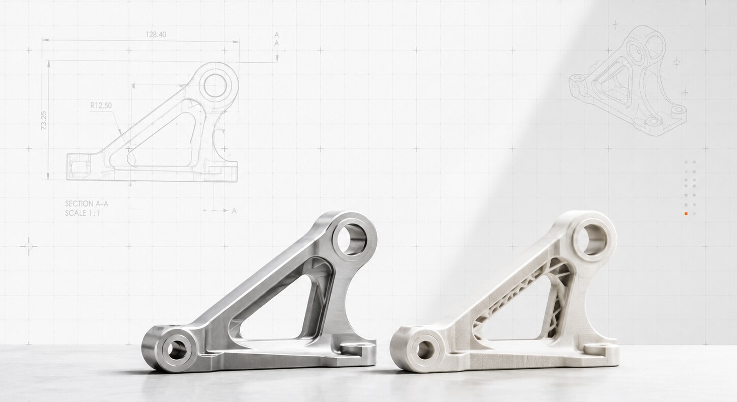 Machined aluminum bracket on a bench beside its 3D-printed prototype