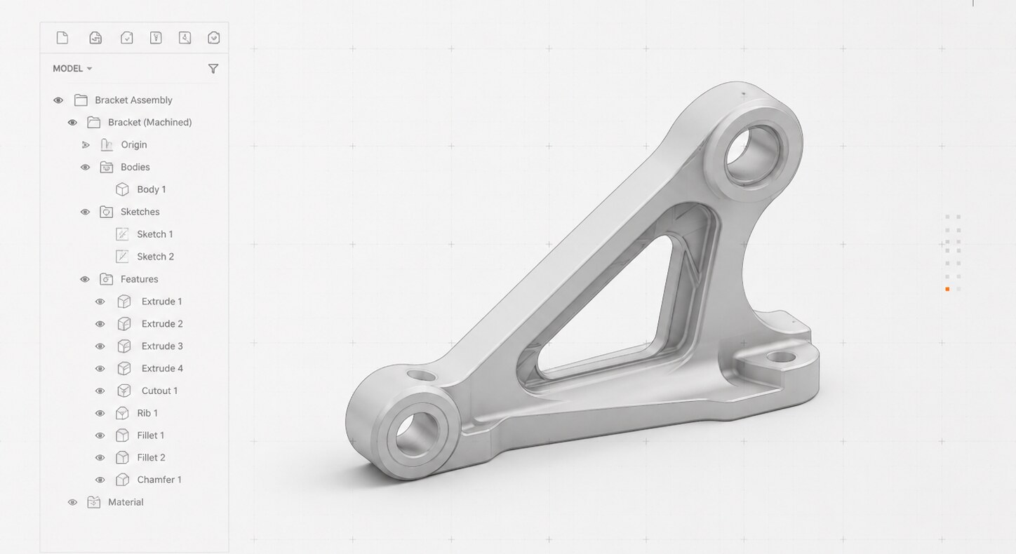 Parametric CAD model of the bracket with the feature tree visible
