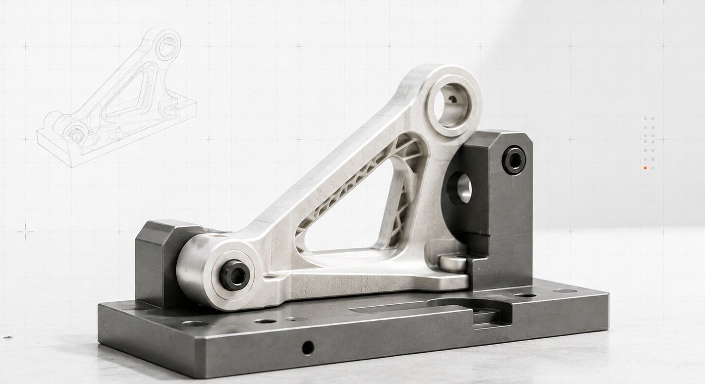 The printed bracket prototype bolted into a steel check fixture
