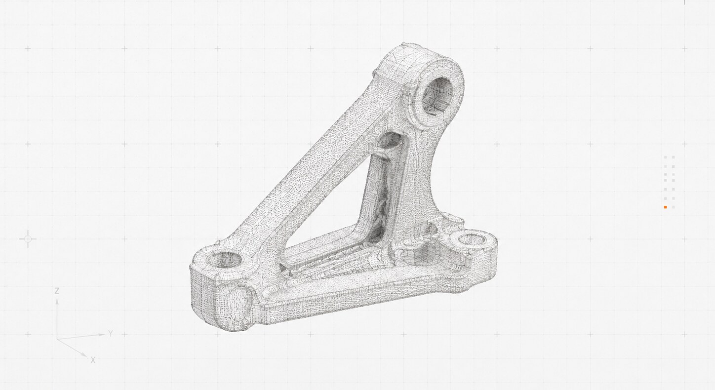 Merged scan mesh of the bracket, isometric view, neutral shading