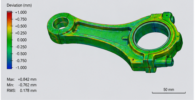 Color-mapped deviation analysis of a connecting rod, model versus scan