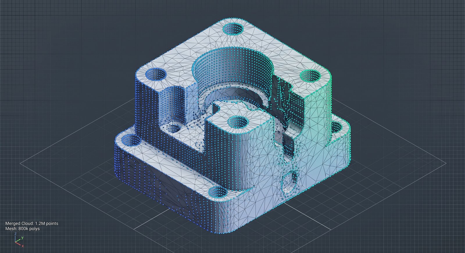 Merged 3D scan point cloud and mesh of a small machined housing